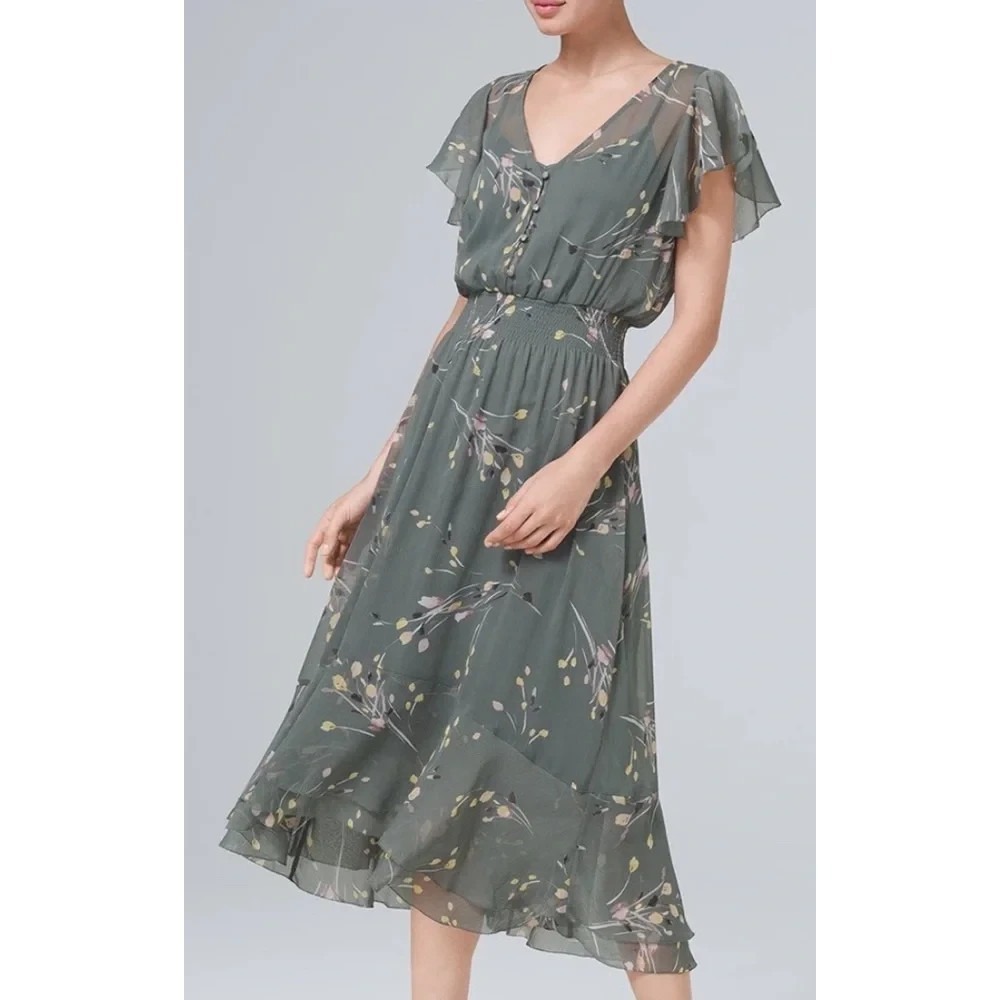 NWT White House Black Market Flutter Sleeve Chiffon Midi Dress Floral Large - Picture 16 of 16